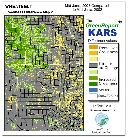 Color-coded Wheat Belt vegetation greeness index map for Period 24 of 2003, illustrating spatial variations in plant vigor, with greener tones indicating higher biomass and browner tones indicating stressed vegetation,
              comparing current crop/vegetation change in biomass to same period from the previous year.