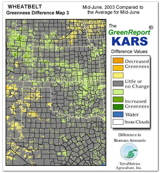 Color-coded Wheat Belt vegetation greeness index map for Period 24 of 2003, illustrating spatial variations in plant vigor, with greener tones indicating higher biomass and browner tones indicating stressed vegetation,
              comparing current crop/vegetation change in biomass to the 20-year greenness average.