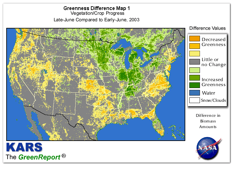 Color-coded U.S. vegetation greeness index map for Period 25 of 2003, illustrating spatial variations in plant vigor, with greener tones indicating higher biomass and browner tones indicating stressed vegetation,
              comparing current crop/vegetation change in biomass to the previous week within the same year.
