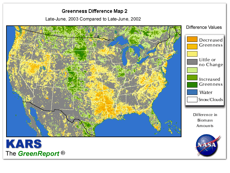 Color-coded U.S. vegetation greeness index map for Period 25 of 2003, illustrating spatial variations in plant vigor, with greener tones indicating higher biomass and browner tones indicating stressed vegetation,
              comparing current crop/vegetation change in biomass to same period from the previous year.