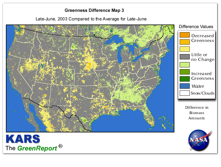 Color-coded U.S. vegetation greeness index map for Period 25 of 2003, illustrating spatial variations in plant vigor, with greener tones indicating higher biomass and browner tones indicating stressed vegetation,
              comparing current crop/vegetation change in biomass to the 20-year greenness average.