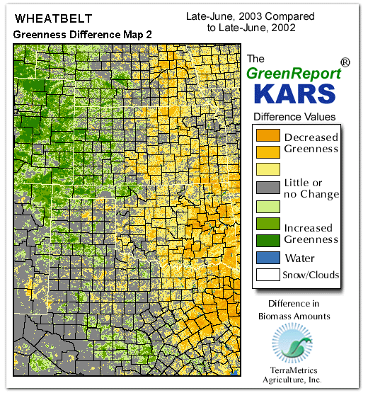 Color-coded Wheat Belt vegetation greeness index map for Period 25 of 2003, illustrating spatial variations in plant vigor, with greener tones indicating higher biomass and browner tones indicating stressed vegetation,
              comparing current crop/vegetation change in biomass to same period from the previous year.