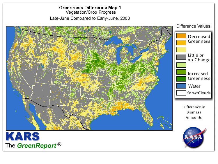 Color-coded U.S. vegetation greeness index map for Period 26 of 2003, illustrating spatial variations in plant vigor, with greener tones indicating higher biomass and browner tones indicating stressed vegetation,
              comparing current crop/vegetation change in biomass to the previous week within the same year.