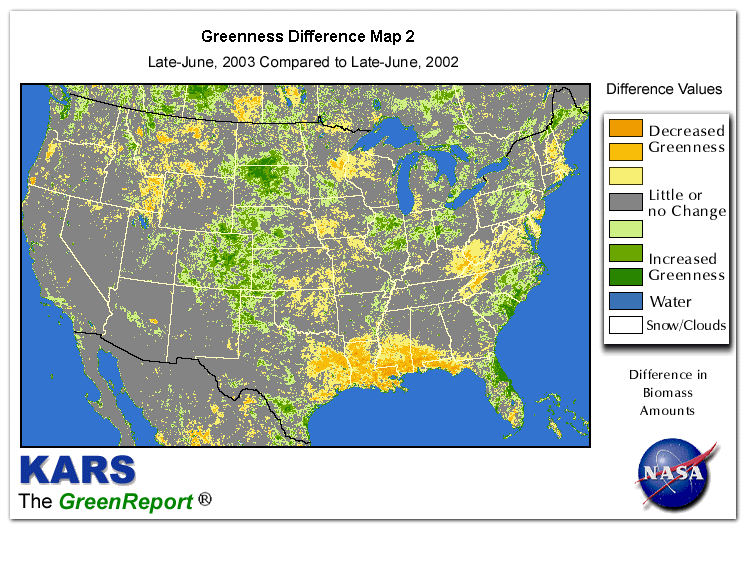 Color-coded U.S. vegetation greeness index map for Period 26 of 2003, illustrating spatial variations in plant vigor, with greener tones indicating higher biomass and browner tones indicating stressed vegetation,
              comparing current crop/vegetation change in biomass to same period from the previous year.