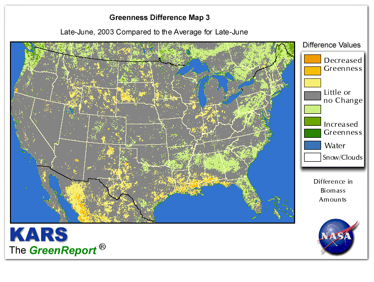 Color-coded U.S. vegetation greeness index map for Period 26 of 2003, illustrating spatial variations in plant vigor, with greener tones indicating higher biomass and browner tones indicating stressed vegetation,
              comparing current crop/vegetation change in biomass to the 20-year greenness average.