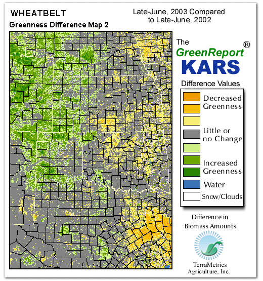 Color-coded Wheat Belt vegetation greeness index map for Period 26 of 2003, illustrating spatial variations in plant vigor, with greener tones indicating higher biomass and browner tones indicating stressed vegetation,
              comparing current crop/vegetation change in biomass to same period from the previous year.