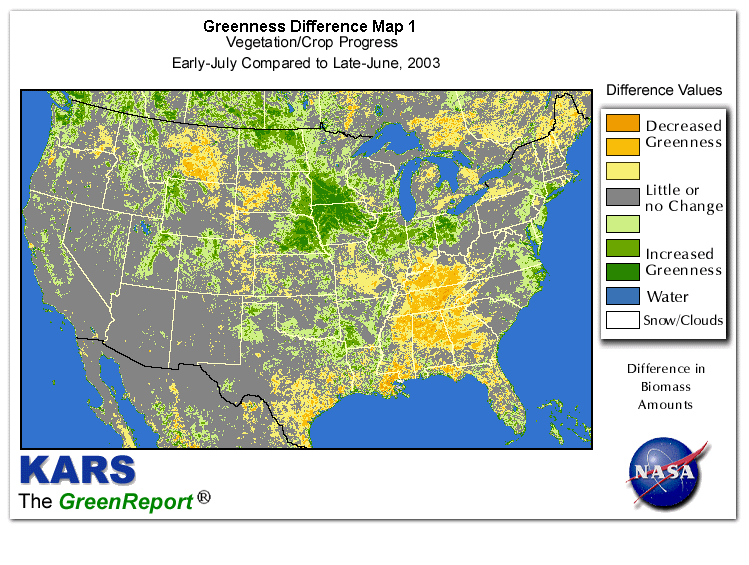 Color-coded U.S. vegetation greeness index map for Period 27 of 2003, illustrating spatial variations in plant vigor, with greener tones indicating higher biomass and browner tones indicating stressed vegetation,
              comparing current crop/vegetation change in biomass to the previous week within the same year.