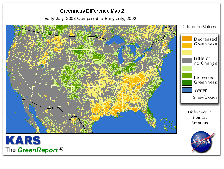 Color-coded U.S. vegetation greeness index map for Period 27 of 2003, illustrating spatial variations in plant vigor, with greener tones indicating higher biomass and browner tones indicating stressed vegetation,
              comparing current crop/vegetation change in biomass to same period from the previous year.