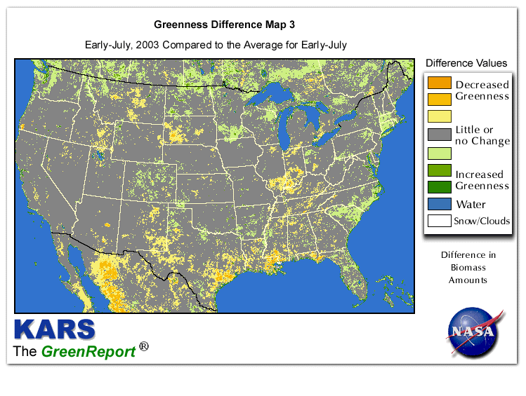 Color-coded U.S. vegetation greeness index map for Period 27 of 2003, illustrating spatial variations in plant vigor, with greener tones indicating higher biomass and browner tones indicating stressed vegetation,
              comparing current crop/vegetation change in biomass to the 20-year greenness average.