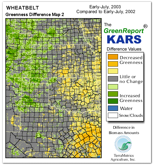 Color-coded Wheat Belt vegetation greeness index map for Period 27 of 2003, illustrating spatial variations in plant vigor, with greener tones indicating higher biomass and browner tones indicating stressed vegetation,
              comparing current crop/vegetation change in biomass to same period from the previous year.