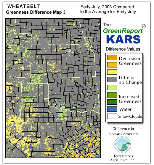 Color-coded Wheat Belt vegetation greeness index map for Period 27 of 2003, illustrating spatial variations in plant vigor, with greener tones indicating higher biomass and browner tones indicating stressed vegetation,
              comparing current crop/vegetation change in biomass to the 20-year greenness average.