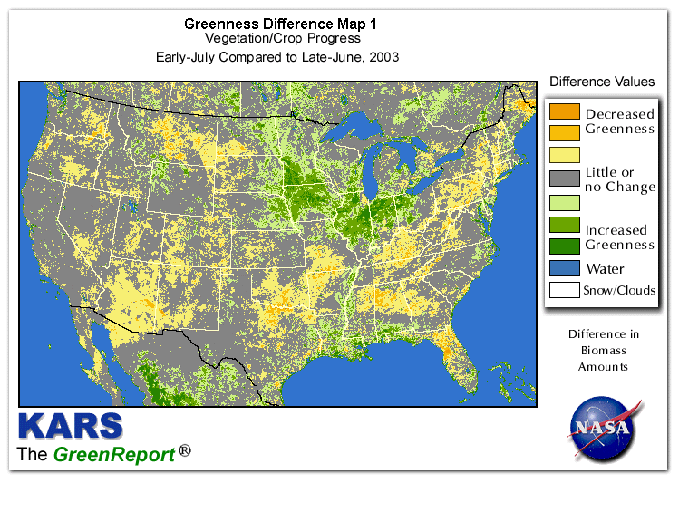 Color-coded U.S. vegetation greeness index map for Period 28 of 2003, illustrating spatial variations in plant vigor, with greener tones indicating higher biomass and browner tones indicating stressed vegetation,
              comparing current crop/vegetation change in biomass to the previous week within the same year.