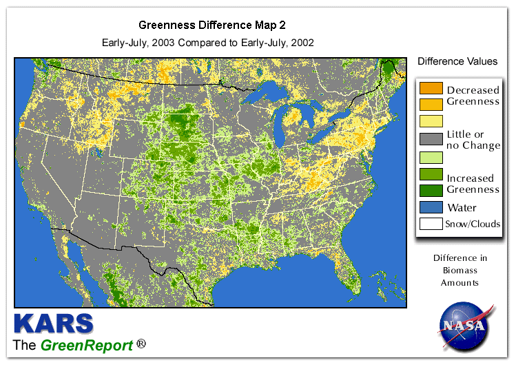 Color-coded U.S. vegetation greeness index map for Period 28 of 2003, illustrating spatial variations in plant vigor, with greener tones indicating higher biomass and browner tones indicating stressed vegetation,
              comparing current crop/vegetation change in biomass to same period from the previous year.