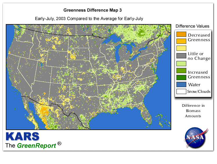 Color-coded U.S. vegetation greeness index map for Period 28 of 2003, illustrating spatial variations in plant vigor, with greener tones indicating higher biomass and browner tones indicating stressed vegetation,
              comparing current crop/vegetation change in biomass to the 20-year greenness average.