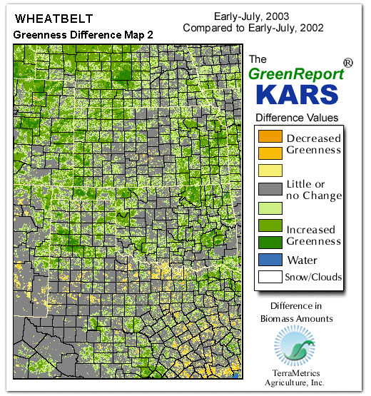 Color-coded Wheat Belt vegetation greeness index map for Period 28 of 2003, illustrating spatial variations in plant vigor, with greener tones indicating higher biomass and browner tones indicating stressed vegetation,
              comparing current crop/vegetation change in biomass to same period from the previous year.