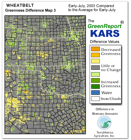 Color-coded Wheat Belt vegetation greeness index map for Period 28 of 2003, illustrating spatial variations in plant vigor, with greener tones indicating higher biomass and browner tones indicating stressed vegetation,
              comparing current crop/vegetation change in biomass to the 20-year greenness average.