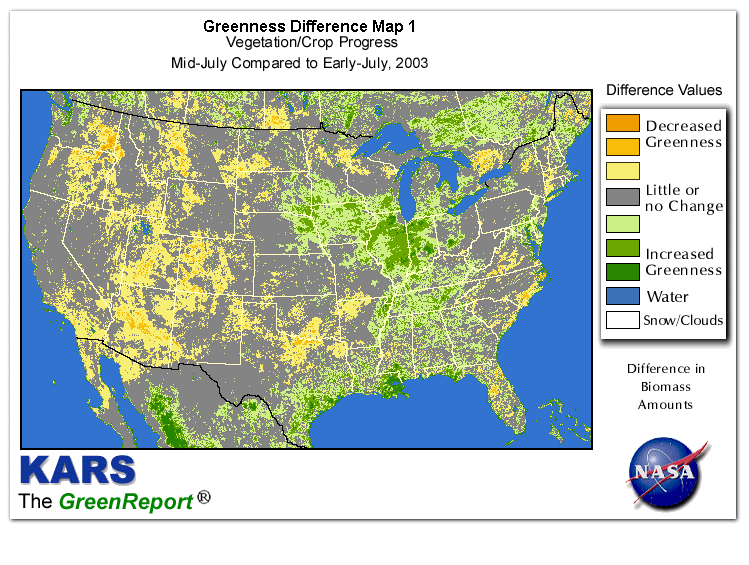 Color-coded U.S. vegetation greeness index map for Period 29 of 2003, illustrating spatial variations in plant vigor, with greener tones indicating higher biomass and browner tones indicating stressed vegetation,
              comparing current crop/vegetation change in biomass to the previous week within the same year.