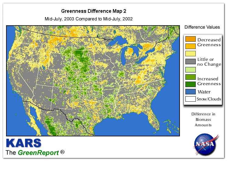 Color-coded U.S. vegetation greeness index map for Period 29 of 2003, illustrating spatial variations in plant vigor, with greener tones indicating higher biomass and browner tones indicating stressed vegetation,
              comparing current crop/vegetation change in biomass to same period from the previous year.