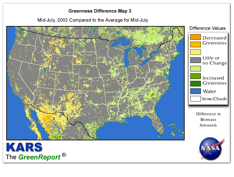 Color-coded U.S. vegetation greeness index map for Period 29 of 2003, illustrating spatial variations in plant vigor, with greener tones indicating higher biomass and browner tones indicating stressed vegetation,
              comparing current crop/vegetation change in biomass to the 20-year greenness average.