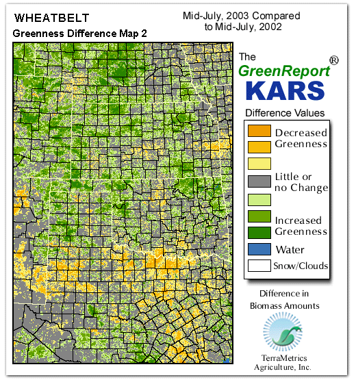 Color-coded Wheat Belt vegetation greeness index map for Period 29 of 2003, illustrating spatial variations in plant vigor, with greener tones indicating higher biomass and browner tones indicating stressed vegetation,
              comparing current crop/vegetation change in biomass to same period from the previous year.