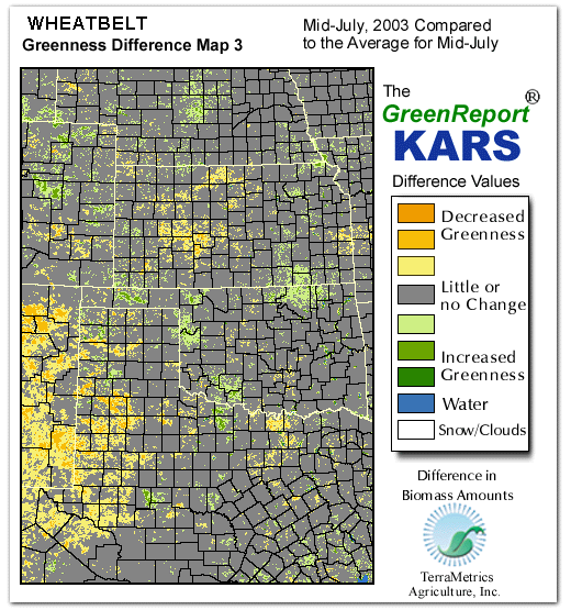 Color-coded Wheat Belt vegetation greeness index map for Period 29 of 2003, illustrating spatial variations in plant vigor, with greener tones indicating higher biomass and browner tones indicating stressed vegetation,
              comparing current crop/vegetation change in biomass to the 20-year greenness average.