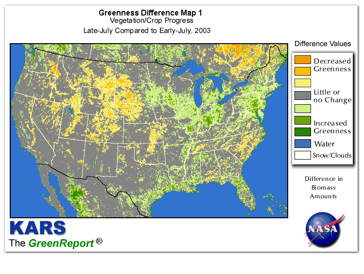 Color-coded U.S. vegetation greeness index map for Period 30 of 2003, illustrating spatial variations in plant vigor, with greener tones indicating higher biomass and browner tones indicating stressed vegetation,
              comparing current crop/vegetation change in biomass to the previous week within the same year.