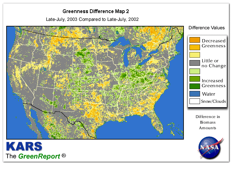 Color-coded U.S. vegetation greeness index map for Period 30 of 2003, illustrating spatial variations in plant vigor, with greener tones indicating higher biomass and browner tones indicating stressed vegetation,
              comparing current crop/vegetation change in biomass to same period from the previous year.