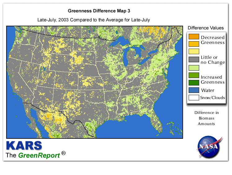 Color-coded U.S. vegetation greeness index map for Period 30 of 2003, illustrating spatial variations in plant vigor, with greener tones indicating higher biomass and browner tones indicating stressed vegetation,
              comparing current crop/vegetation change in biomass to the 20-year greenness average.