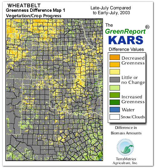 Color-coded Wheat Belt vegetation greeness index map for Period 30 of 2003, illustrating spatial variations in plant vigor, with greener tones indicating higher biomass and browner tones indicating stressed vegetation,
              comparing current crop/vegetation change in biomass to the previous week within the same year.