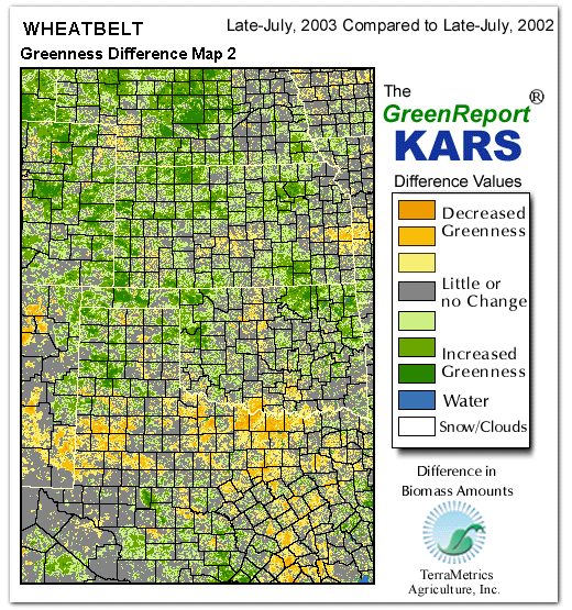 Color-coded Wheat Belt vegetation greeness index map for Period 30 of 2003, illustrating spatial variations in plant vigor, with greener tones indicating higher biomass and browner tones indicating stressed vegetation,
              comparing current crop/vegetation change in biomass to same period from the previous year.