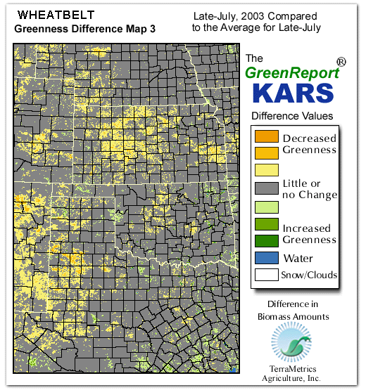 Color-coded Wheat Belt vegetation greeness index map for Period 30 of 2003, illustrating spatial variations in plant vigor, with greener tones indicating higher biomass and browner tones indicating stressed vegetation,
              comparing current crop/vegetation change in biomass to the 20-year greenness average.