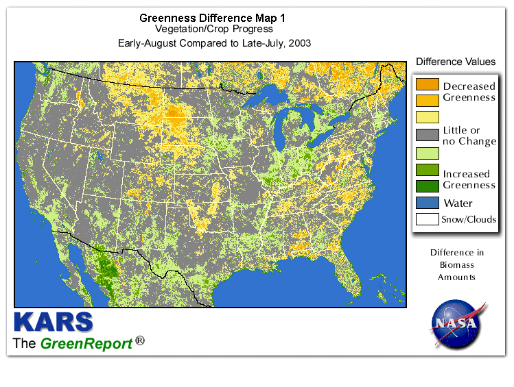 Color-coded U.S. vegetation greeness index map for Period 31 of 2003, illustrating spatial variations in plant vigor, with greener tones indicating higher biomass and browner tones indicating stressed vegetation,
              comparing current crop/vegetation change in biomass to the previous week within the same year.
