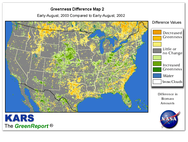 Color-coded U.S. vegetation greeness index map for Period 31 of 2003, illustrating spatial variations in plant vigor, with greener tones indicating higher biomass and browner tones indicating stressed vegetation,
              comparing current crop/vegetation change in biomass to same period from the previous year.
