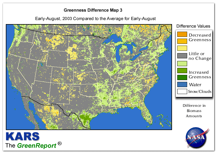 Color-coded U.S. vegetation greeness index map for Period 31 of 2003, illustrating spatial variations in plant vigor, with greener tones indicating higher biomass and browner tones indicating stressed vegetation,
              comparing current crop/vegetation change in biomass to the 20-year greenness average.