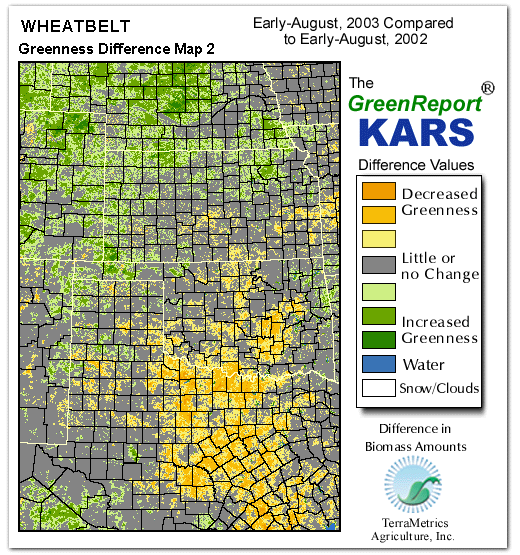 Color-coded Wheat Belt vegetation greeness index map for Period 31 of 2003, illustrating spatial variations in plant vigor, with greener tones indicating higher biomass and browner tones indicating stressed vegetation,
              comparing current crop/vegetation change in biomass to same period from the previous year.