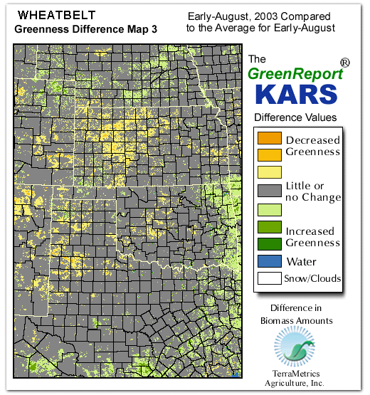 Color-coded Wheat Belt vegetation greeness index map for Period 31 of 2003, illustrating spatial variations in plant vigor, with greener tones indicating higher biomass and browner tones indicating stressed vegetation,
              comparing current crop/vegetation change in biomass to the 20-year greenness average.