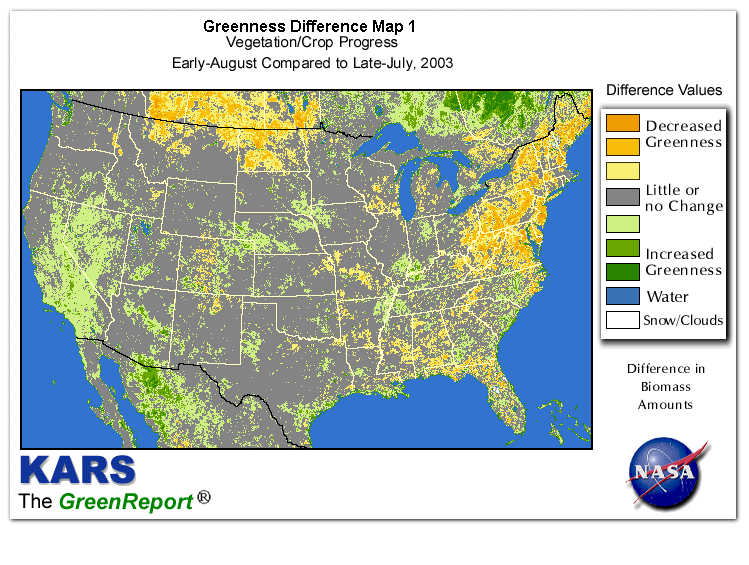 Color-coded U.S. vegetation greeness index map for Period 32 of 2003, illustrating spatial variations in plant vigor, with greener tones indicating higher biomass and browner tones indicating stressed vegetation,
              comparing current crop/vegetation change in biomass to the previous week within the same year.