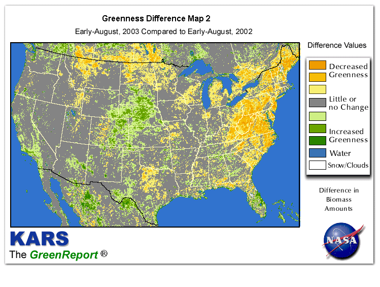 Color-coded U.S. vegetation greeness index map for Period 32 of 2003, illustrating spatial variations in plant vigor, with greener tones indicating higher biomass and browner tones indicating stressed vegetation,
              comparing current crop/vegetation change in biomass to same period from the previous year.
