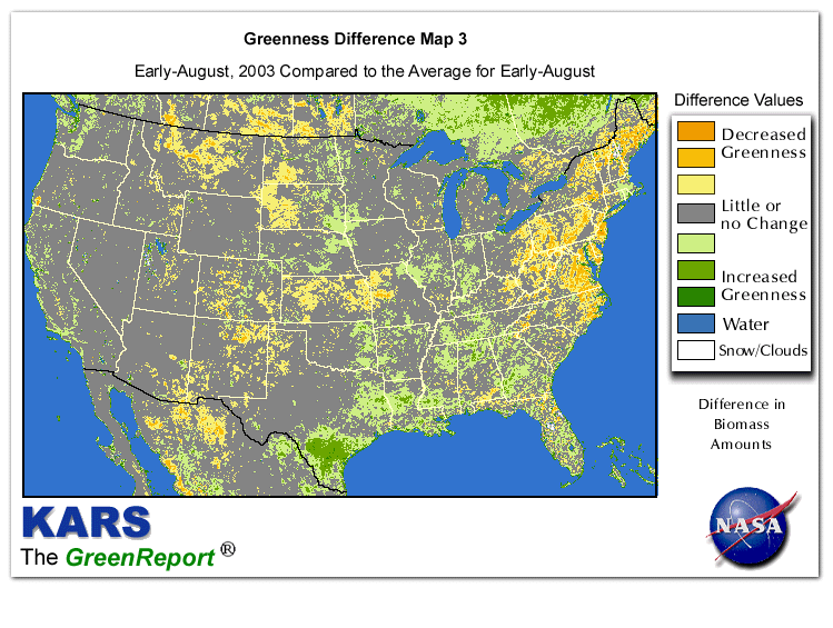 Color-coded U.S. vegetation greeness index map for Period 32 of 2003, illustrating spatial variations in plant vigor, with greener tones indicating higher biomass and browner tones indicating stressed vegetation,
              comparing current crop/vegetation change in biomass to the 20-year greenness average.