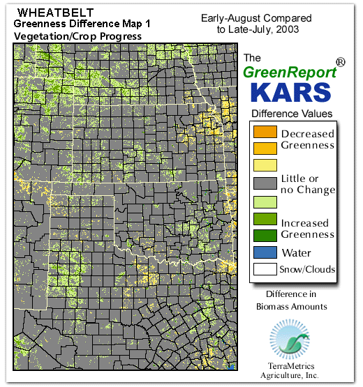 Color-coded Wheat Belt vegetation greeness index map for Period 32 of 2003, illustrating spatial variations in plant vigor, with greener tones indicating higher biomass and browner tones indicating stressed vegetation,
              comparing current crop/vegetation change in biomass to the previous week within the same year.