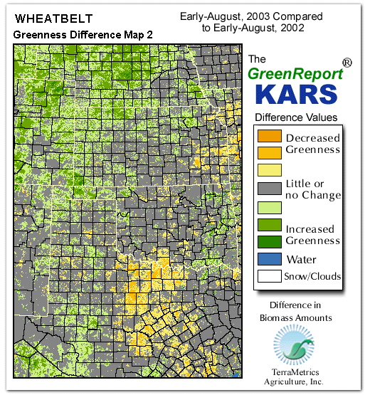 Color-coded Wheat Belt vegetation greeness index map for Period 32 of 2003, illustrating spatial variations in plant vigor, with greener tones indicating higher biomass and browner tones indicating stressed vegetation,
              comparing current crop/vegetation change in biomass to same period from the previous year.