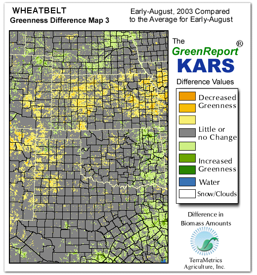 Color-coded Wheat Belt vegetation greeness index map for Period 32 of 2003, illustrating spatial variations in plant vigor, with greener tones indicating higher biomass and browner tones indicating stressed vegetation,
              comparing current crop/vegetation change in biomass to the 20-year greenness average.