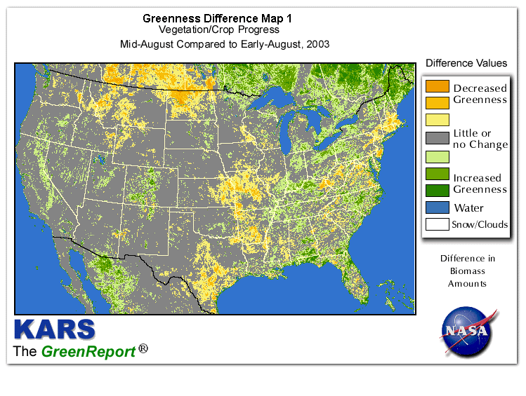 Color-coded U.S. vegetation greeness index map for Period 33 of 2003, illustrating spatial variations in plant vigor, with greener tones indicating higher biomass and browner tones indicating stressed vegetation,
              comparing current crop/vegetation change in biomass to the previous week within the same year.