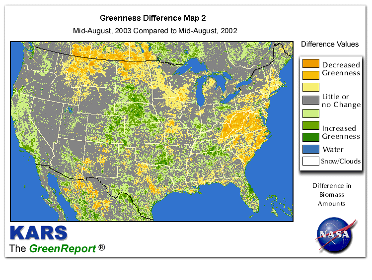 Color-coded U.S. vegetation greeness index map for Period 33 of 2003, illustrating spatial variations in plant vigor, with greener tones indicating higher biomass and browner tones indicating stressed vegetation,
              comparing current crop/vegetation change in biomass to same period from the previous year.