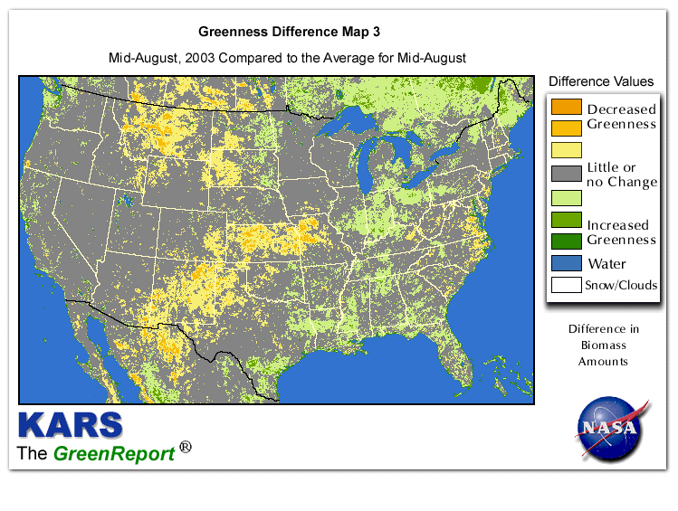 Color-coded U.S. vegetation greeness index map for Period 33 of 2003, illustrating spatial variations in plant vigor, with greener tones indicating higher biomass and browner tones indicating stressed vegetation,
              comparing current crop/vegetation change in biomass to the 20-year greenness average.