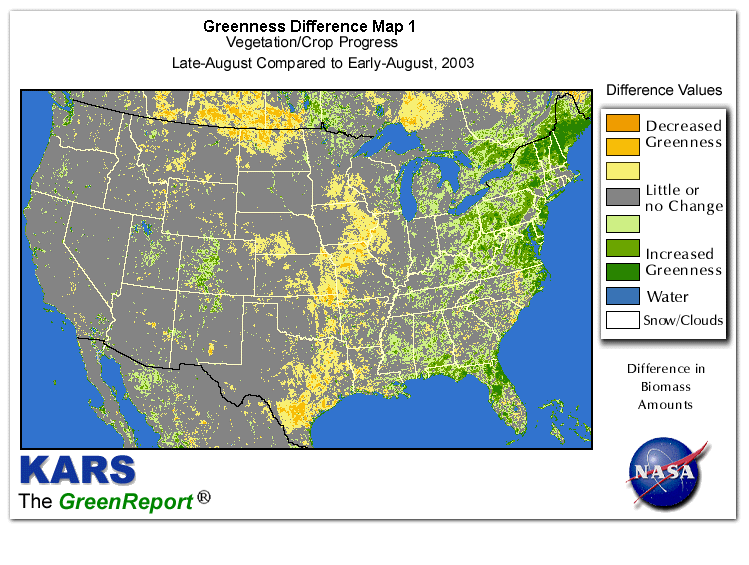 Color-coded U.S. vegetation greeness index map for Period 34 of 2003, illustrating spatial variations in plant vigor, with greener tones indicating higher biomass and browner tones indicating stressed vegetation,
              comparing current crop/vegetation change in biomass to the previous week within the same year.