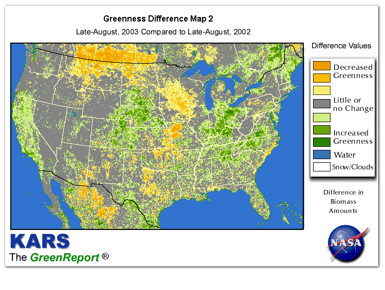 Color-coded U.S. vegetation greeness index map for Period 34 of 2003, illustrating spatial variations in plant vigor, with greener tones indicating higher biomass and browner tones indicating stressed vegetation,
              comparing current crop/vegetation change in biomass to same period from the previous year.