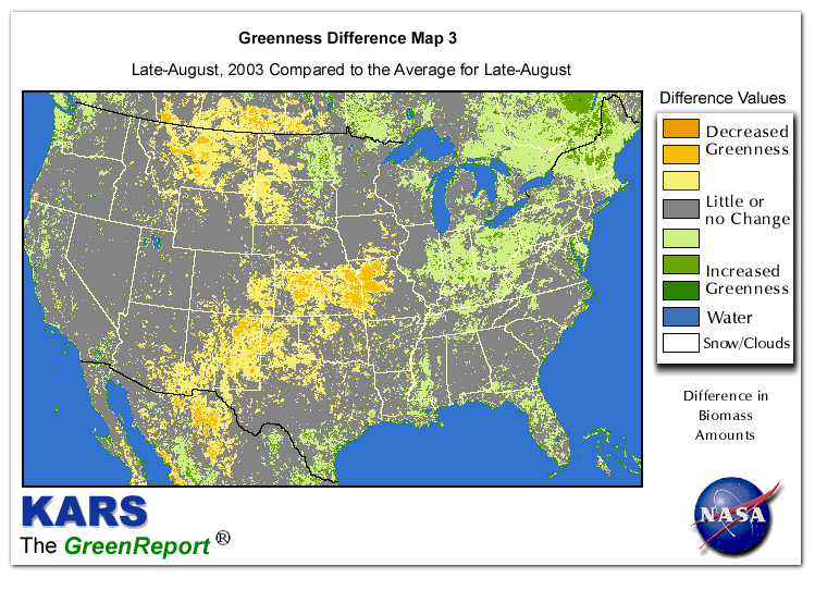 Color-coded U.S. vegetation greeness index map for Period 34 of 2003, illustrating spatial variations in plant vigor, with greener tones indicating higher biomass and browner tones indicating stressed vegetation,
              comparing current crop/vegetation change in biomass to the 20-year greenness average.