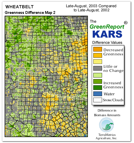 Color-coded Wheat Belt vegetation greeness index map for Period 34 of 2003, illustrating spatial variations in plant vigor, with greener tones indicating higher biomass and browner tones indicating stressed vegetation,
              comparing current crop/vegetation change in biomass to same period from the previous year.