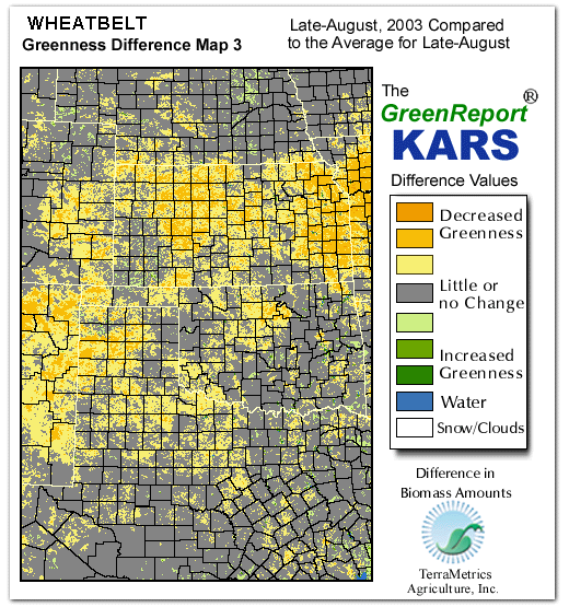Color-coded Wheat Belt vegetation greeness index map for Period 34 of 2003, illustrating spatial variations in plant vigor, with greener tones indicating higher biomass and browner tones indicating stressed vegetation,
              comparing current crop/vegetation change in biomass to the 20-year greenness average.